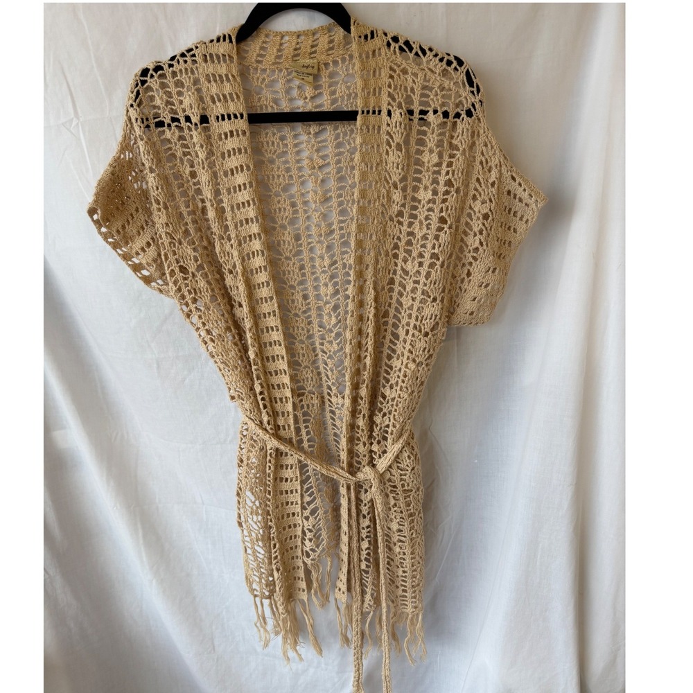 Daytrip Crochet Cardigan Tan Fringe Cottagecore Grandmacore Boho Womens Medium